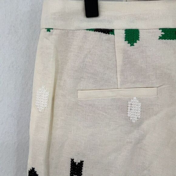 NWT Zara White Green Geometric Flat Front Embroidered Lined Trouser Pants Medium - Picture 8 of 11